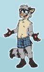  anthro barefoot black_body black_fur blue_background blue_border blue_boxers blue_clothing blue_eyes blue_underwear border boxers_(clothing) boxers_only clothed clothing eyewear feet fur glasses grey_body grey_fur hi_res male mammal open_mouth open_palms orange_nose pawpads pink_pawpads plaid_boxers procyonid raccoon ringo_raccoon sharp_teeth simple_background smile solo tan_body tan_fur teeth teeth_showing tinydeerguy tongue_showing topless underwear underwear_only 