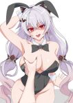  1girl 1other animal_ears arm_behind_head arm_up armpits bare_legs bare_shoulders black_bow black_bowtie bow bowtie breasts cleavage collar commentary_request cowboy_shot detached_collar earrings fake_animal_ears fang groin hair_bow hair_ornament highleg highleg_leotard highres honkai_(series) honkai_impact_3rd jewelry large_breasts leotard light_blush long_hair looking_at_viewer meme nobu_teio open_mouth partially_shaded_face playboy_bunny pov_cheek_grabbing_(meme) presenting_armpit rabbit_ears red_eyes simple_background sitting theresa_apocalypse theresa_apocalypse_(luna_kindred) theresa_apocalypse_(lunar_vow:_crimson_love) thighs very_long_hair white_background white_collar white_hair white_wrist_cuffs wrist_cuffs 