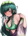  1girl blush bra breasts cleavage commentary_request green_bra green_hair grin highres index_finger_raised japanese_clothes kimono large_breasts long_hair looking_at_viewer medium_bangs naonaonina navel one_eye_closed pea_pod simple_background smile solo touhoku_zunko translation_request underwear undressing upper_body very_long_hair voiceroid white_background white_kimono wide_sleeves yellow_eyes 
