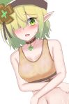  1girl absurdres aoi_(camp)_(princess_connect!) aoi_(princess_connect!) bare_arms breasts brown_tank_top clover_ornament collarbone elf flustered four-leaf_clover_necklace green_eyes green_hair green_hat hair_over_one_eye hat highres jewelry navel necklace open_mouth orange_tank_top pendant_choker pointy_ears princess_connect! ryachika simple_background solo tank_top upper_body white_background 