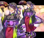  1girl absurdly_long_hair akirannu black_gloves black_hair black_kimono black_socks bow braid breasts drop_shadow fang folding_fan full_body glasses gloves green_eyes hakama hakama_skirt hand_fan hand_on_own_hip hand_up heterochromia highres holding holding_fan japanese_clothes kimono lace lace_gloves large_breasts letterboxed long_hair long_sleeves mole mole_under_eye multicolored_hair obi okobo open_mouth original outside_border pleated_skirt purple_bow purple_eyes purple_hair red_sash red_skirt round_eyewear sandals sash sidelocks skin_fang skirt smile socks solo standing tinted_eyewear two-tone_hair very_long_hair wide_sleeves yellow-tinted_eyewear zoom_layer 