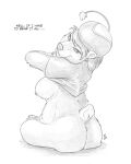  2024 anthro bear bottomless breasts butt clothed clothing dialogue english_text female flinters fur hair hat headgear headwear hi_res looking_at_viewer looking_back looking_back_at_viewer mammal nipples rear_view scut_tail short_tail solo tail text undressing 
