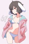  1girl animal_ears bare_shoulders bikini black_hair blue_hoodie breasts collarbone commentary_request cropped_legs floppy_ears groin hands_in_pockets highres hood hood_down hoodie inaba_tewi jack_(wkm74959) long_sleeves looking_at_viewer navel one-hour_drawing_challenge open_hood parted_lips pink_hoodie puffy_sleeves rabbit_ears red_eyes short_hair simple_background small_breasts solo swimsuit touhou two-sided_fabric white_background white_bikini 