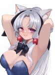  1girl absurdres alternate_costume animal_ear_fluff animal_ears armpits arms_behind_head arms_up black_bow black_bowtie blue_leotard blush bow bowtie breasts cleavage commentary_request fox_ears fox_girl grin hair_bobbles hair_ornament highres large_breasts leotard long_hair looking_at_viewer medium_bangs naonaonina parted_bangs pink_eyes simple_background smile solo touhoku_itako upper_body very_long_hair voiceroid white_background white_hair 