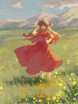  1girl brown_hair cloud commentary day full_body ge_dazuo green_eyes hand_up hat hat_ribbon highres long_hair looking_at_viewer meadow mountainous_horizon open_mouth original outdoors red_ribbon red_shirt red_skirt ribbon shirt short_sleeves skirt skirt_set smile solo standing white_hat 