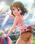  :d artist_request brown_hair cityscape idolmaster idolmaster_million_live! jpeg_artifacts light_rays looking_at_viewer looking_back nagayoshi_subaru official_art open_mouth pointing purple_eyes rainbow short_hair shorts smile sunbeam sunlight tank_top 