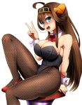  black_legwear blue_eyes breasts brown_hair bunnysuit chair cleavage detached_collar double_bun fishnet_pantyhose fishnets hairband headgear high_heels highres kantai_collection knee_up kongou_(kantai_collection) large_breasts leotard long_hair nontraditional_miko open_mouth pantyhose sitting smile solo umakatsuhai v wrist_cuffs 