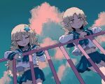  2girls against_railing blonde_hair blue_neckerchief blue_sailor_collar blue_skirt blue_sky blush closed_eyes closed_mouth cloud commentary_request cookie_(touhou) cup feet_out_of_frame flat_chest hair_between_eyes hair_ornament highres holding holding_cup joker_(cookie) kirisame_marisa long_hair long_sleeves medium_bangs midriff miniskirt mizuhashi_parsee multiple_girls navel neckerchief pointy_ears railing rikadai sailor_collar short_hair skirt sky smile standing star_(symbol) star_hair_ornament suzu_(cookie) touhou yellow_eyes 