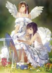  2girls angel_wings bare_arms bare_shoulders blue_ribbon blurry blurry_background braid breasts brown_eyes brown_hair cleavage closed_mouth collarbone commentary_request compact_(cosmetics) cooler dress english_text eyelashes feathered_wings frilled_dress frilled_hairband frills full_body grass hair_over_shoulder hair_ribbon hairband hjl holding light_smile long_dress long_hair looking_ahead medium_breasts mirror multiple_girls off-shoulder_dress off_shoulder original outdoors puffy_short_sleeves puffy_sleeves ribbon short_sleeves squatting straight_hair twin_braids white_dress white_hairband white_ribbon white_wings wings 