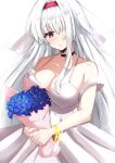  1girl azur_lane blush bouquet bracelet breasts choker cleavage colorado_(azur_lane) dress flower hair_ornament hair_over_one_eye highres iris_(flower) jewelry large_breasts long_hair looking_at_viewer non-web_source open_mouth red_eyes simple_background solo wedding_dress white_background white_dress white_hair 