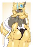  2024 absurd_res accessory anthro apron aurora_(nbanoob) big_breasts big_butt black_body black_fur blue_eyes blue_flower breasts butt camel_toe claws clothing curvy_figure female flower flower_on_head fur generation_7_pokemon hair hair_accessory hi_res huge_breasts legendary_pokemon neck_tuft nintendo plant pokemon pokemon_(species) presenting rear_view simple_background solo tailzkim thick_thighs tuft voluptuous wide_hips yellow_body yellow_fur zeraora 