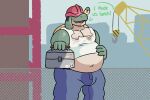  anthro appletun armor belly_peeking_out clothed clothing construction_site construction_worker exposed_belly food food_creature generation_8_pokemon green_body hard_hat headgear helmet hi_res lettucelechuga looking_at_viewer lunchbox male nintendo overweight overweight_anthro overweight_male pokemon pokemon_(species) shirt simple_background slightly_chubby slightly_chubby_male solo tank_top text topwear 