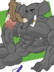  anthro balls big_balls big_dom_small_sub big_muscles big_penis bodily_fluids dominant elephant elephantid genital_fluids genitals kogo lagomorph larger_male leporid male male/male mammal muscular muscular_male norman penis precum proboscidean rabbit size_difference 