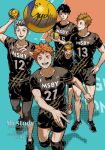  4boys artist_name ball black_eyes black_footwear black_hair black_shirt black_shorts blonde_hair blue_background bokuto_koutarou character_request foot_out_of_frame full_body grey_hair haikyuu!! highres hinata_shouyou male_focus miya_atsumu mr_study multicolored_hair multiple_boys open_mouth orange_background orange_eyes orange_hair shirt shoes short_hair short_sleeves shorts signature smile sportswear teeth two-tone_background two-tone_hair volleyball_(object) volleyball_uniform yellow_eyes 