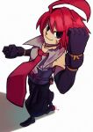  1boy adell_(disgaea) ahoge bersekwolf black_footwear black_gloves black_pants clenched_hands disgaea english_commentary full_body gloves hair_between_eyes highres looking_at_viewer makai_senki_disgaea_2 male_focus necktie pants red_eyes red_hair red_necktie scar scar_on_face shoes short_hair sleeveless smile solo white_background 