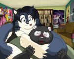 2015 anthro bear black_body black_fur blue_eyes blush bookshelf canid canine canis digital_media_(artwork) duo eyes_closed female fur furniture giant_panda letty_(xxsparcoxx) lucas_mcfist male mammal multicolored_body multicolored_fur overweight overweight_anthro overweight_female overweight_male sofa tongue tongue_out two_tone_body two_tone_fur white_body white_fur wolf xxsparcoxx