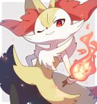  ;) animal_focus arm_behind_back black_fur braixen closed_mouth fire highres holding holding_stick multicolored_fur no_humans omochi_(omotimotittona3) one_eye_closed pokemon pokemon_(creature) red_eyes smile solo stick white_fur yellow_fur 