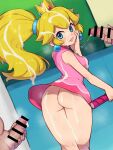  1girl 2boys after_masturbation aqua_eyes ass bar_censor blonde_hair bukkake censored chiwino commission crown cum cum_on_body cum_on_clothes cum_on_hair dress earrings ejaculation from_behind highres jewelry male_masturbation mario_(series) masturbation multiple_boys no_panties parted_lips penis pink_dress pixiv_commission ponytail princess_peach racket short_dress sphere_earrings tennis_racket 