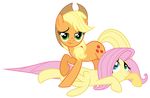  absurd_res alpha_channel applejack_(mlp) blonde_hair blue_eyes cowboy_hat cutie_mark duo equine female feral fluttershy_(mlp) freckles friendship_is_magic green_eyes hair hat hi_res horse lying mammal masemj my_little_pony pegasus pink_hair plain_background pony transparent_background wings 