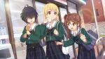  22/7 22/7_ongaku_no_jikan 3girls bag baozi black_skirt blonde_hair blue_hair blurry bow bowtie brown_eyes brown_hair brown_scrunchie closed_mouth collarbone convenience_store depth_of_field dutch_angle eating food fujima_sakura game_cg green_bow green_bowtie green_serafuku hair_ornament hair_over_eyes hair_scrunchie highres holding holding_food hot_dog lens_flare light_particles long_hair long_sleeves looking_at_another multiple_girls non-web_source official_art open_mouth outdoors plaid plaid_skirt plastic_bag pleated_skirt pointing purple_eyes sailor_collar school_bag school_emblem school_uniform scrunchie serafuku shop side_ponytail skirt sparkle takigawa_miu teeth toda_jun upper_teeth_only white_sailor_collar 