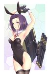  animal_ears armpits arms_up bare_shoulders breasts bunny_ears bunnysuit cleavage detached_collar gloves highres hips kantai_collection mechanical_halo medium_breasts purple_eyes purple_hair ribbon short_hair solo tatsuta_(kantai_collection) thighhighs wa_(genryusui) wrist_cuffs 