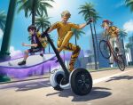  1girl 2boys :d bicycle black_hair blonde_hair bodysuit contemporary cynthia_(fire_emblem) day diving_suit fire_emblem fire_emblem_awakening floating full_body grin hat hawaii highres kayksyla levitation magic morgan_(fire_emblem) morgan_(male)_(fire_emblem) multiple_boys outdoors owain_(fire_emblem) palm_tree pants ryuu_ga_gotoku_(series) ryuu_ga_gotoku_8 second-party_source segway shoes smile sneakers sunglasses surfboard sword_surfing tree twintails wetsuit wheelie 