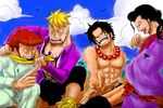  4boys asuma_(sorawomai) black_hair blonde_hair blue_sky brown_hair cloud freckles izou_(one_piece) jewelry laugh laughing male male_focus marco multiple_boys muscle necklace one_piece outdoors portgas_d_ace scar sitting sky tattoo thatch topless whitebeard_pirates 