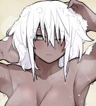  1girl absurdres armpits arms_up breasts collarbone dark-skinned_female dark_skin dripping fingernails flow_(kanke_(kank06020602)) grey_eyes highres kanke_(kank06020602) large_breasts long_bangs one_eye_closed original shampoo shower_(place) showering soap_bubbles solo washing_hair wet yellow_background 