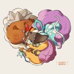  animal_focus chibi closed_eyes entei full_body highres logo lying no_humans on_side pokemon pokemon_(creature) raikou simple_background sleeping suicune teletelo white_background 