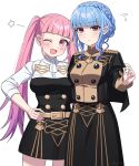  2girls :d ascot belt black_dress blue_hair blunt_bangs braid breasts buttons commentary_request crown_braid dress fire_emblem fire_emblem:_three_houses flying_sweatdrops garreg_mach_monastery_uniform hand_on_own_hip highres hilda_valentine_goneril large_breasts marianne_von_edmund medium_hair multiple_girls one_eye_closed open_mouth pink_eyes pink_hair shinae simple_background smile standing star_(symbol) twintails two-tone_dress white_ascot white_background white_dress 
