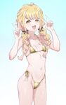  1girl bikini blonde_hair blush braid breasts commentary_request double_v fang fujita_kotone gakuen_idolmaster gold_bikini highleg highleg_bikini highres idolmaster long_hair looking_at_viewer navel open_mouth othel_(hatimorris) side-tie_bikini_bottom skin_fang small_breasts smile solo swimsuit twin_braids v wet yellow_eyes 