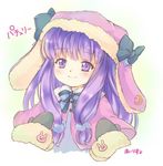  alternate_costume alternate_headwear animal_ears artist_name blush bow bunny bunny_ears capelet character_name closed_mouth crescent gloves hair_ornament hat hat_bow hat_with_ears iris_anemone long_hair patchouli_knowledge portrait purple_eyes purple_hair simple_background smile solo star text_focus touhou 