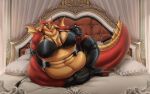  2022 2_horns absurd_res anthro bed belly belly_overhang big_belly big_breasts biglovealicia bra breasts cheek_bulge clothed clothed_sex clothing deep_navel detailed detailed_background digitigrade dragon european_mythology female frill_(anatomy) furniture hi_res horn huge_belly latex latex_clothing looking_at_viewer lying lying_on_bed membrane_(anatomy) membranous_frill membranous_wings morbidly_obese morbidly_obese_female mythological_creature mythological_scalie mythology navel obese obese_female on_bed on_side overweight overweight_female pear-shaped_figure scalie seductive sex shaded signature smile soft_shading solo tail thick_tail thick_thighs underwear western_dragon wide_hips wings 