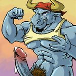  anthro big_muscles big_penis bovine cattle cum facial_hair furryrevolution horn male mammal minotaur muscles penis solo 