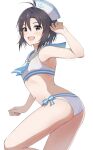  1girl antenna_hair armpits bare_legs black_hair blush breasts dixie_cup_hat feet_out_of_frame hat idolmaster idolmaster_(classic) idolmaster_million_live! kikuchi_makoto looking_at_viewer military_hat mogskg navel sailor_bikini sailor_collar sailor_hat sailor_swimsuit_(idolmaster) short_hair simple_background small_breasts smile solo stomach white_background 