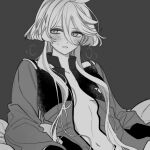  1girl asticassia_school_uniform blush breasts breath closed_mouth commentary_request greyscale gundam gundam_suisei_no_majo jacket korean_commentary medium_breasts miorine_rembran monochrome myong8_0 navel open_clothes open_jacket parted_lips school_uniform solo upper_body 