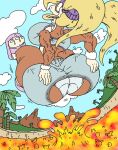 anthro big_breasts big_butt blonde_hair breasts burning burnt_clothing butt butt_on_fire clothing digital_media_(artwork) donkey_kong_(series) ear_piercing ear_ring exposed_underwear female fire footwear hair hand_on_butt hoop_ear_ring huge_butt kong lava mammal nintendo pain palm_tree panties piercing plant primate ring_piercing sandals solo thedog third-party_edit tiny_kong tree underwear virus-20