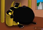 animal_humanoid anthro belly belly_fur big_belly black_panther_(character) black_panther_(marvel) chair claws felid felid_humanoid feline feline_humanoid finger_claws fur furniture gold_(metal) hand_on_belly hi_res humanoid k9manx90_(artist) king looking_at_viewer male mammal mammal_humanoid marvel marvel_cinematic_universe navel navel_outline obese obese_anthro obese_male on_throne overweight overweight_anthro overweight_male pantherine pinup pose prideful royalty smile smiling_at_viewer smirk smirking_at_viewer solo throne throne_room toe_claws unseen_prey vore yellow_eyes