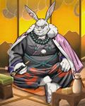 2024 absurd_res anthro black_nose clothed clothing detailed_background hi_res kamui_shirow kemono lagomorph leporid male mammal mature_male overweight overweight_male rabbit shangri-la_frontier sitting solo vorpal_bunny vysache white_body 