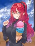  1girl bag baobhan_sith_(fate) black_shirt blush cloud cloudy_sky fate/grand_order fate_(series) food grey_eyes hand_up handbag highres holding holding_food ice_cream long_hair looking_at_viewer nail_polish niwaikanai parted_lips pink_hair pink_nails pointy_ears ponytail shirt sidelocks sky smile solo teeth upper_body 