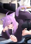  1girl :3 absurdres ahoge all_fours animal_ear_fluff animal_ears black_jacket black_sleeves blurry blurry_background blurry_foreground blush cat_ears cat_girl cat_tail collared_shirt commentary_request elbow_rest eyes_visible_through_hair highres hololive indoors jacket jam_bread long_hair long_sleeves looking_at_viewer medium_hair microphone monitor nekomata_okayu nekomata_okayu_(oversized_shirt) official_alternate_costume on_ground one_eye_closed open_mouth puffy_sleeves purple_eyes purple_hair purple_tail shirt solo stretching tail virtual_youtuber white_undershirt 