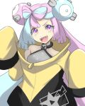  1girl :d bare_shoulders blue_hair bow-shaped_hair character_hair_ornament eyelashes hair_ornament iono_(pokemon) jacket long_hair long_sleeves looking_at_viewer multicolored_hair pink_eyes pink_hair pokemon pokemon_sv sharp_teeth sleeves_past_fingers sleeves_past_wrists smile solo teeth two-tone_hair upper_body upper_teeth_only very_long_hair white_background yellow_jacket yuuki510510 