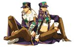  1girl bad_id bad_pixiv_id blue_eyes dual_persona genderswap genderswap_(mtf) hat jojo_no_kimyou_na_bouken kuujou_joutarou long_coat midriff purple_hair sitting tktg 