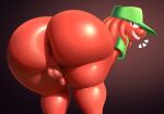  acstlu alien anthro anus balls big_butt bottomless butt clothed clothing genitals grinning_at_viewer hat headgear headwear hi_res jubee_(sqoon) looking_back male penis puwa red_body red_skin shirt simple_background small_penis solo thick_thighs topwear 