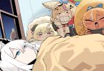  4girls :&gt; :&lt; :3 :d absurdres animal_ears bakatare_(hololive) bed_sheet black_hair blonde_hair blue_eyes blush breasts cleavage closed_eyes cocomayo29_(tomato) dark-skinned_female dark_skin fish fox_ears fox_girl gloves grin hair_between_eyes hair_ornament hairclip head_rest highres hololive horns indoors lying magikarp multicolored_hair multiple_girls night omaru_polka omaru_polka_(1st_costume) on_back on_bed pineapple_costume pink_hair pointy_ears pokemon pokemon_(creature) purple_eyes red_gloves sheep_ears sheep_girl sheep_horns shirakami_fubuki shiranui_flare single_glove smile streaked_hair tsunomaki_watame virtual_youtuber white_hair white_wristband window x_hair_ornament 