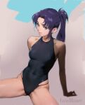  1girl arm_support artist_logo badilave black_one-piece_swimsuit commentary covered_navel english_commentary grey_eyes high_ponytail katsuragi_misato long_hair looking_to_the_side neon_genesis_evangelion one-piece_swimsuit purple_hair sitting solo spread_legs swimsuit 