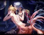  2boys abstract_background aiguillette alternate_hairstyle alternate_species alternate_universe bare_pectorals black_gloves black_jacket black_pants blonde_hair blue_background blue_eyes bubble chain chest_harness clenched_hand clothes_grab cloud_strife commentary dated english_commentary final_fantasy final_fantasy_vii fins fish_tail gloves gold_bracelet gold_chain grey_hair half_updo hand_on_another&#039;s_chest hands_up harness highres jacket jeriafterdark long_hair looking_back male_focus merman mermay_2024 military_jacket military_uniform monster_boy multiple_boys nipple_stimulation nipple_tweak open_clothes open_jacket pants parted_lips pectorals pointy_ears sephiroth sephiroth_(shinra_formal_uniform) short_hair shoulder_boards spiked_hair spread_legs tail twitter_username uniform upper_body very_long_hair wet yaoi 