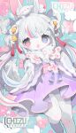  1girl :o animal_ear_fluff animal_ears animal_on_head artist_name blue_eyes blue_hair chizunyanko flower furry furry_female hair_flower hair_ornament hair_rings heterochromia highres japanese_clothes long_hair looking_at_viewer multicolored_hair on_head open_mouth original pink_eyes pink_hair rabbit rabbit_ears rabbit_girl signature solo streaked_hair tail twintails white_fur white_hair 