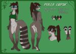  5_fingers absurd_res anthro biped blush breasts butt clothed clothing color_swatch english_text eyewear female fingers gewitter glasses hair hi_res mammal model_sheet open_mouth polly_lupin procyonid raccoon solo tail text tongue tongue_out 