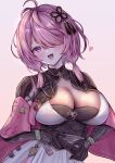  1girl :d absurdres black_gloves blush breasts cleavage gloves hair_ornament hair_over_one_eye heart highres large_breasts looking_at_viewer medium_breasts medium_hair mito_soosu open_mouth pink_hair purple_eyes smile solo taoqi_(wuthering_waves) white_background wuthering_waves 